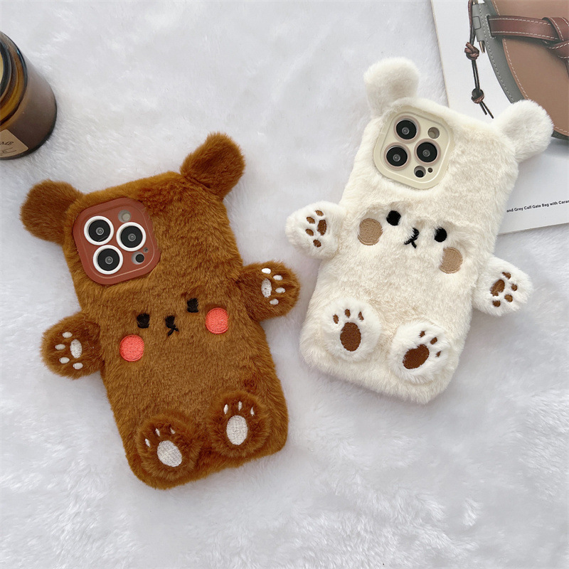 Phone Cases Iphone 15 - Korean 3D Cartoon Bear Fluffy Plush