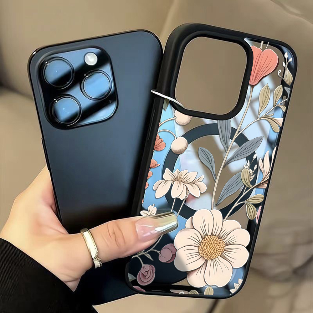 Phone Cases Magnetic - Black Frame Floral Anti-fall Phone Case